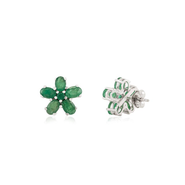 Not Yet Made - Made To Order 5.02 CTW Natural Emerald Floral Stud Earrings in 925 Sterling Silver- 2 Pieces For Sale - Image 5 of 11