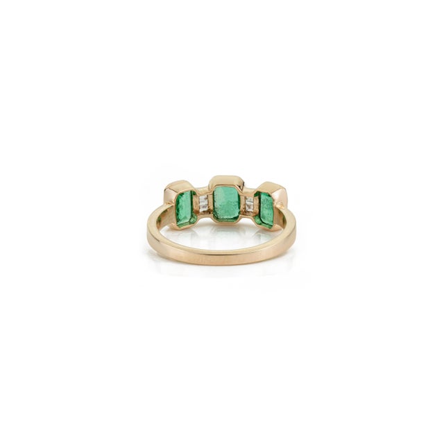 Natural Zambian Emerald Three Stone Ring With Diamond Accents in 14k Gold Size 7 For Sale - Image 9 of 15