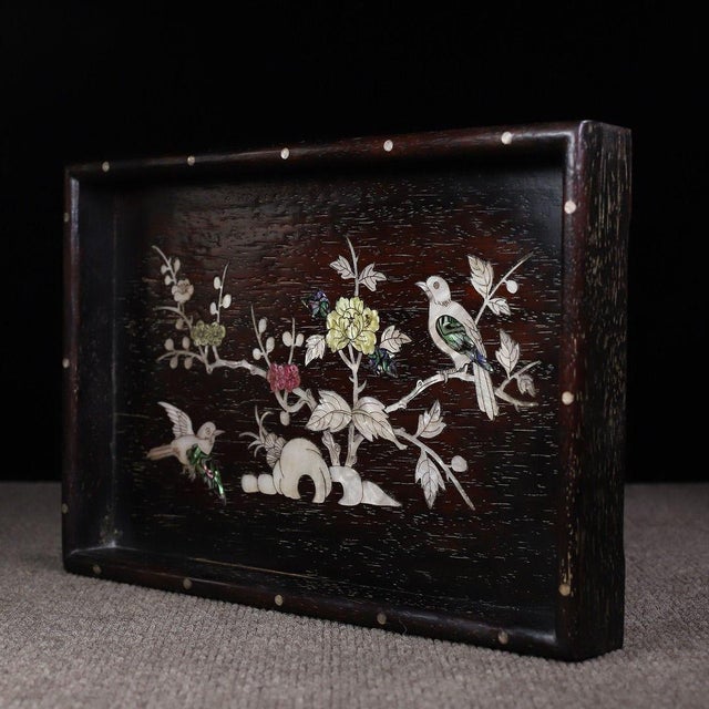 Traditional Late 20th Century Dark Wood Tea Tray With Mother-of-Pearl Bird and Floral Inlay For Sale - Image 3 of 10