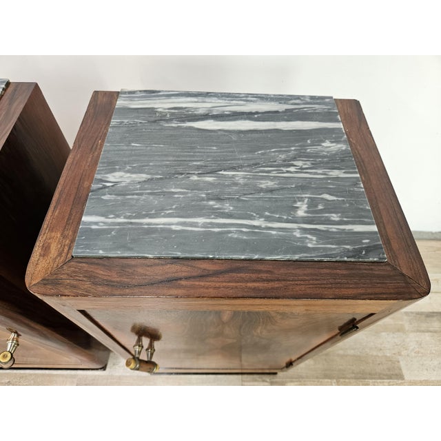 Wood Art Deco Bedside Tables in Walnut Burl with Marble Tops, 1930, Set of 2 For Sale - Image 7 of 18