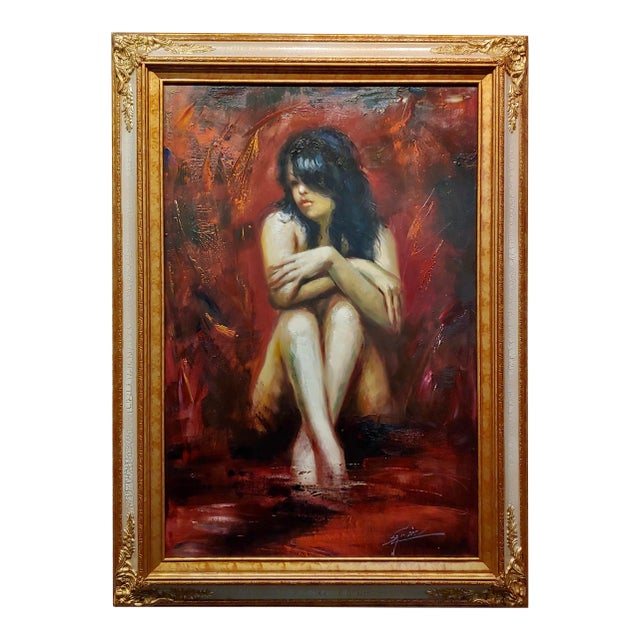Henry Asencio -Dark Hair Woman Seated Nude-Painting on Canvas For Sale