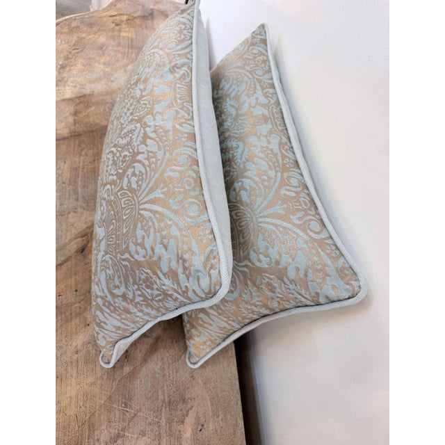 Neoclassical Custom Aquamarine & Gold Fortuny Lumbar Pillows For Sale - Image 3 of 12