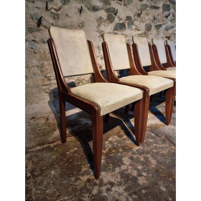 1950s Mid-Century French Walnut Dining Chairs in Light Taupe Upholstery, 1950s, Set of 5 For Sale - Image 5 of 18