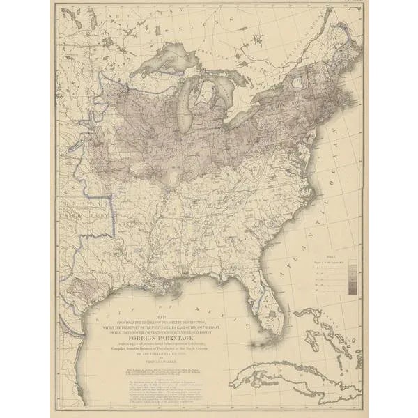 Antique chart titled 'Map showing, in five degrees of density, the distribution, within the territory of the United States...