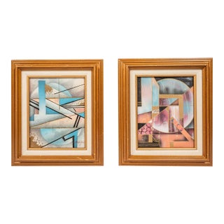 Set of Two (2) Matching Framed / Signed Mid-Century Modern Geometric Abstraction Oil on Canvas Paintings by Fred Blassingham, Usa, C. 1980s For Sale