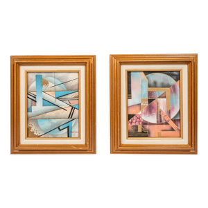 Set of Two (2) Matching Framed / Signed Mid-Century Modern Geometric Abstraction Oil on Canvas Paintings by Fred Blassingham, Usa, C. 1980s