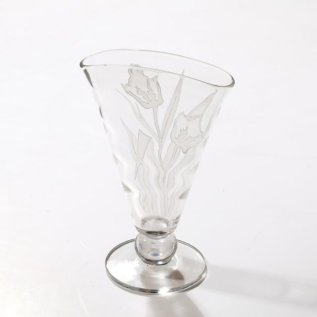 1940s Art Deco Frosted and Transparent Glass Vase With Floral Relief Detailing For Sale - Image 5 of 12