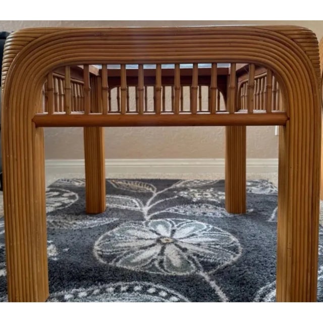 Mid-Century Modern 1960s Mid-Century Pencil Reed Rattan Side Table With Glass Top For Sale - Image 3 of 10