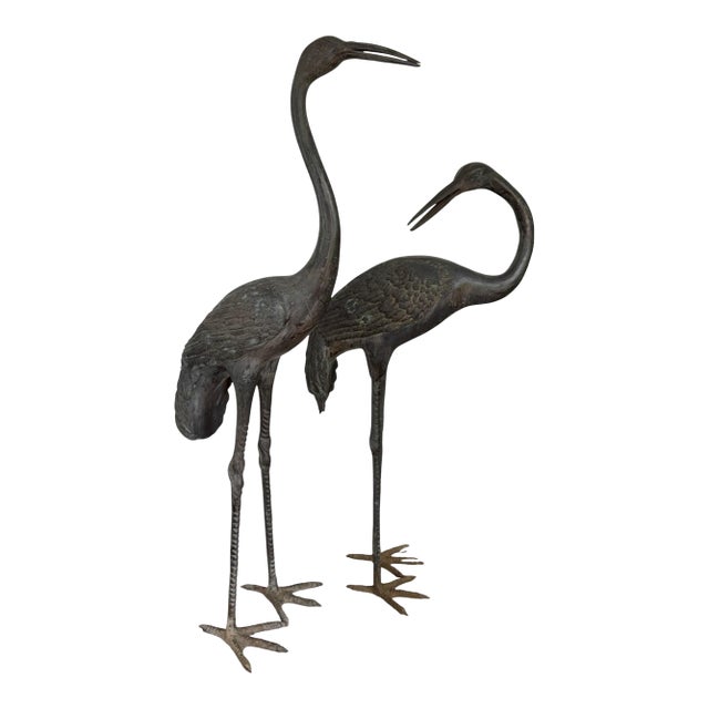 A Pair of Vintage Bronze Crane Garden Sculptures For Sale