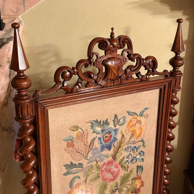 Late 19th Century Late 19th Century Victorian Carved Walnut Antique Floral Needlepoint Fire Screen Panel Art For Sale - Image 5 of 7