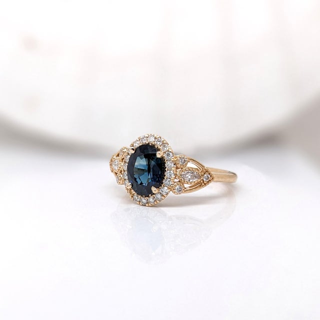 Blue Blue Sapphire Engagement Ring With Natural Diamond Halo: Solid 14k Gold, Size 6.75 For Sale - Image 8 of 10