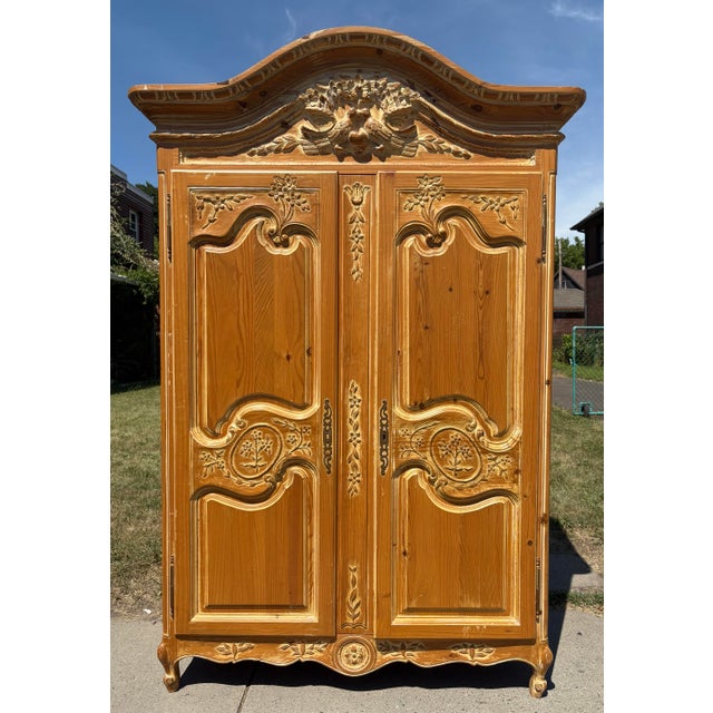 Wood Rustic Scrubbed Pine Hand Carved French Country Armoire For Sale - Image 7 of 12