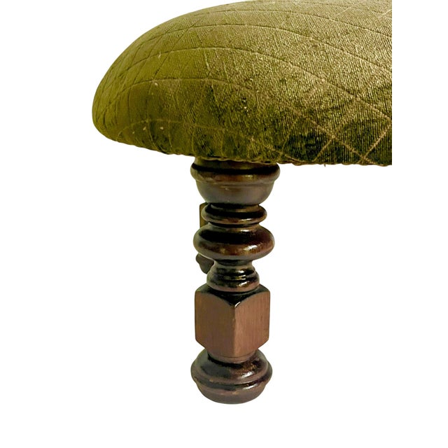 Victorian Vintage Moss Green Upholstered Footstool With Turned Legs For Sale - Image 3 of 15