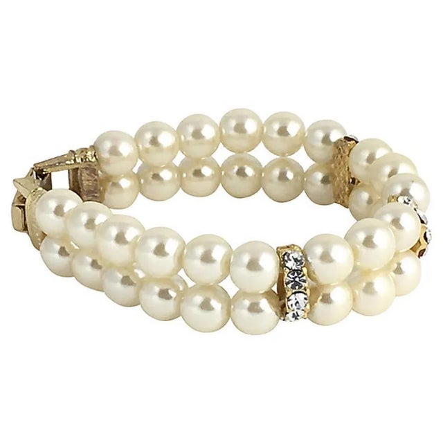 Faux Pearl Rhinestone Double Stand Bracelet For Sale - Image 4 of 11
