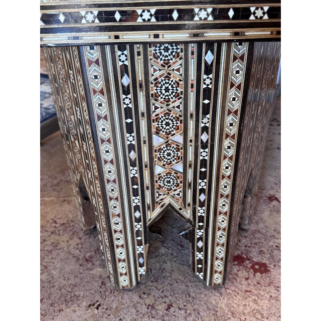 Wood Vintage Marquetry Wood Inlay With Mother-of-Pearl Hexagonal Side Table For Sale - Image 7 of 8