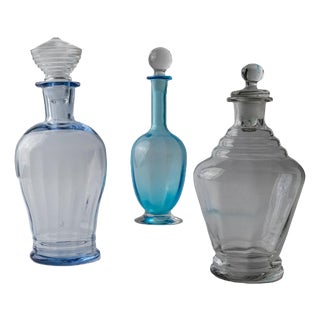 Vintage Blue and Clear Murano Glass Decanters with Stoppers, 1950s, Set of 3 For Sale