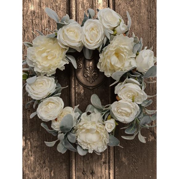 English White Roses & Sage Door Wreath 17" Flower Elegant Summer Spring Gorgeous For Sale - Image 16 of 17