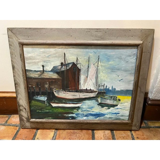 Blue Mid Century Painting of Sailboats in Harbor For Sale - Image 8 of 13