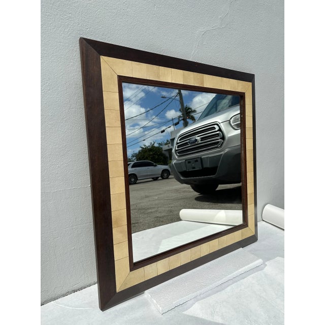 1980s Large Square Parchment and Exotic Wood Framed Mirror by Ron Seff For Sale - Image 5 of 10