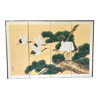 Mid 20th Century Japanese Four-Panel Byobu Screen Landscape With Red Crowned Cranes For Sale