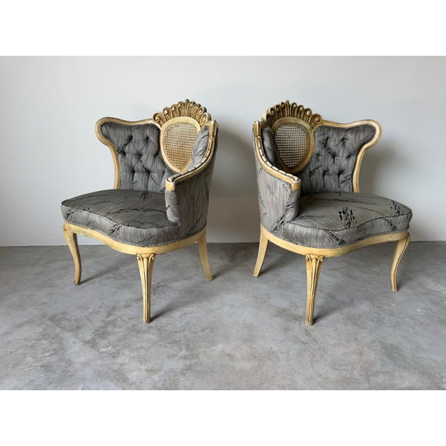 Hollywood Regency Vintage Hollywood Regency Cane Back Tufted Lounge Chairs - A Pair For Sale - Image 3 of 13
