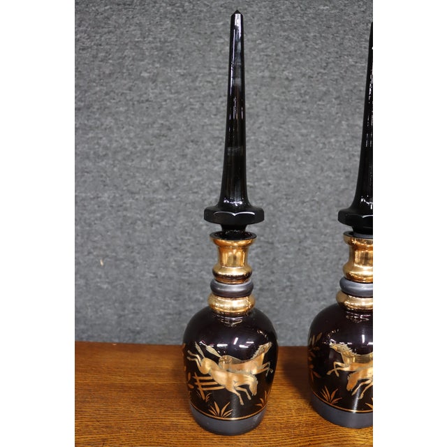 Early 20th Century Royal Purple Art Glass Decanters With Gold Horse Overlay - Pair For Sale - Image 4 of 14