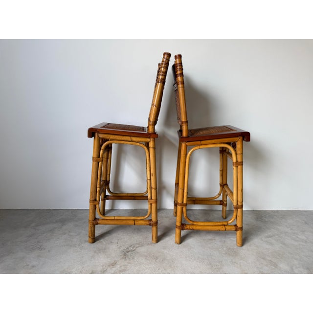 Vintage Coastal Organic Bamboo & Rattan With Leather Wrapped Bar Stools - A Pair For Sale - Image 4 of 13