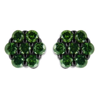.925 Sterling Silver 4.0 Cttw Prong Set Round-Cut Treated Green Diamond Floral Cluster Stud Earring, A Pair For Sale