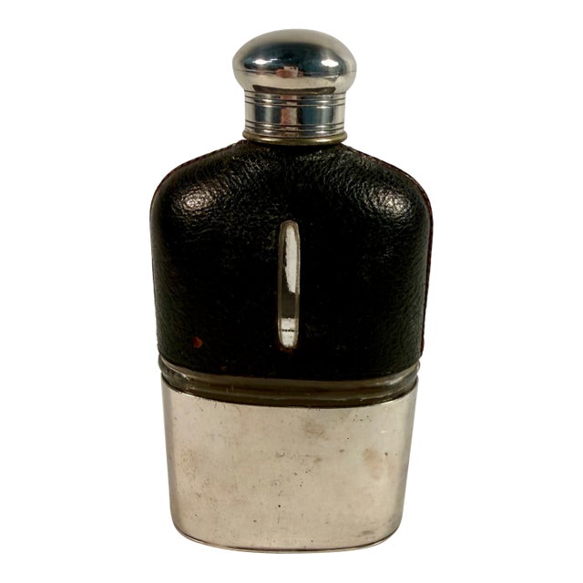 Antique, English, Leather, Glass, and Silverplate Hip Flask For Sale