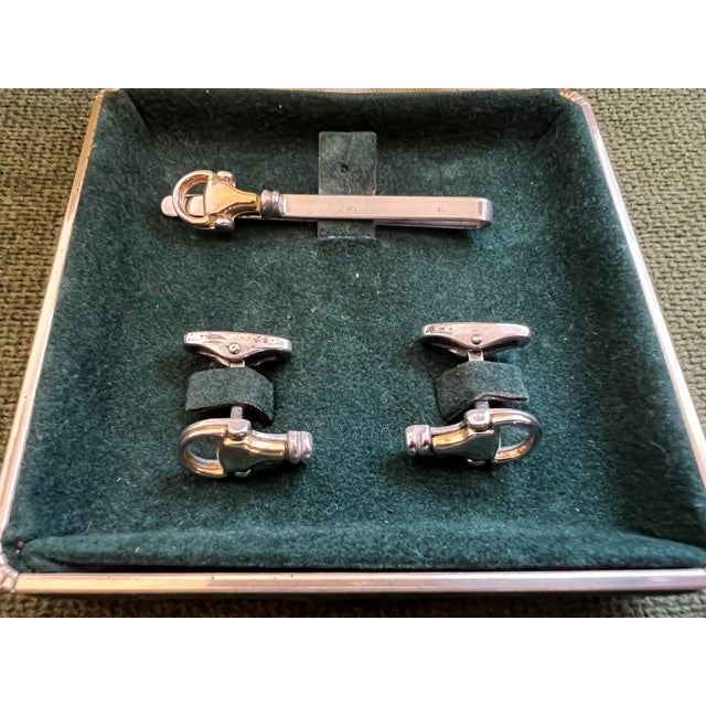 Vintage Gucci Gold Plate Cufflinks & Tie Clip “Circa 1970s” Original Gucci Green For Sale - Image 16 of 16