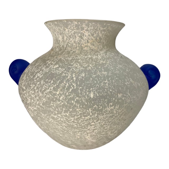 Blue and White Vintage Murano Italian Art Glass Vase Featuring a Frosted and Textured Scavo Body For Sale