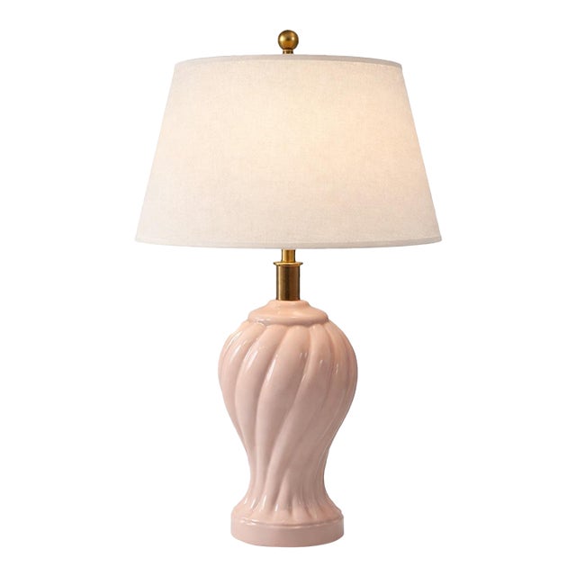 Vintage Hollywood Regency Pink Spiral Ceramic Table Lamp With Linen Shade For Sale