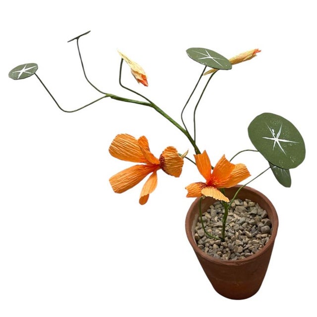 Metal Charming Vintage Italian Hand-Crafted Metal and Crepe Paper Nasturtium Topiary in Terracotta Pot For Sale - Image 7 of 12
