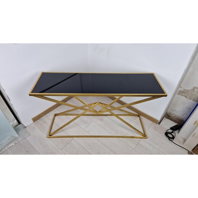 Console Table in Brass-Plated Iron and Black Glass Top For Sale - Image 6 of 10