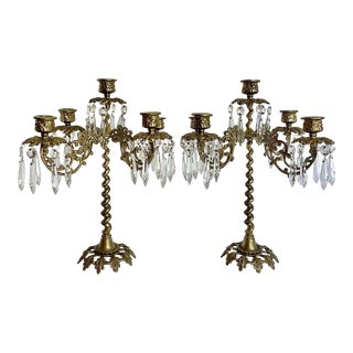 Vintage Hollywood Regency Brass and Crystal Candelabra Pair For Sale