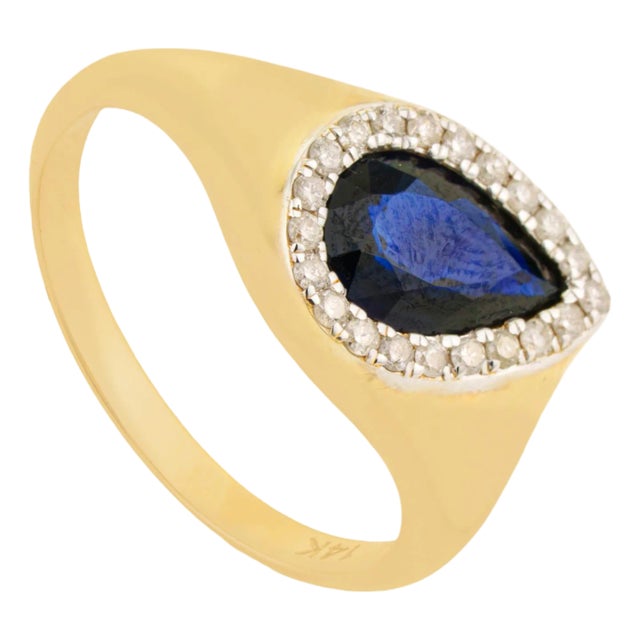 Vintage 1.5ct Pear Cut Blue Sapphire Diamond Ring 14k Yellow Gold Size 6 For Sale