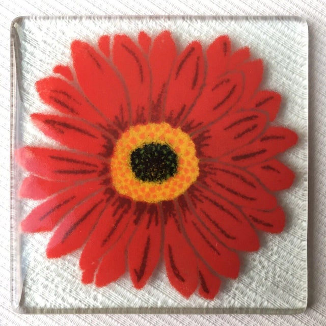 Retro Handpainted Red Zinnia Flower Glass Coasters, Signed For Sale - Image 4 of 7