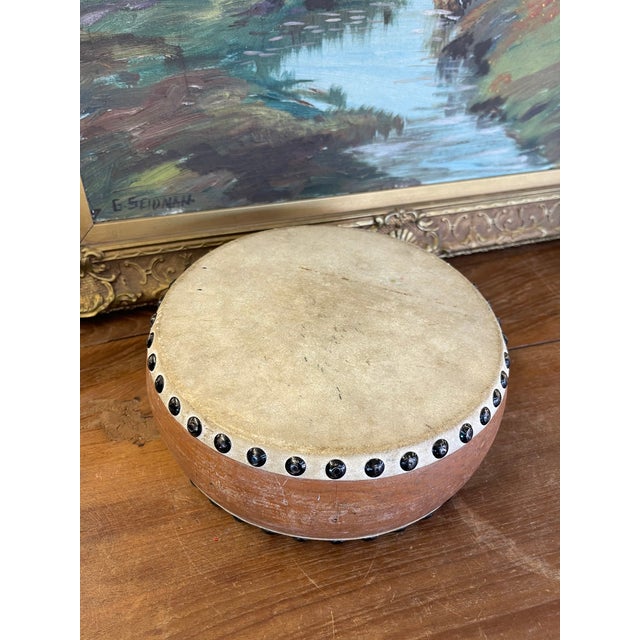 1970s Vintage Handcrafted Drum With Metal Stud Detailing For Sale - Image 5 of 9