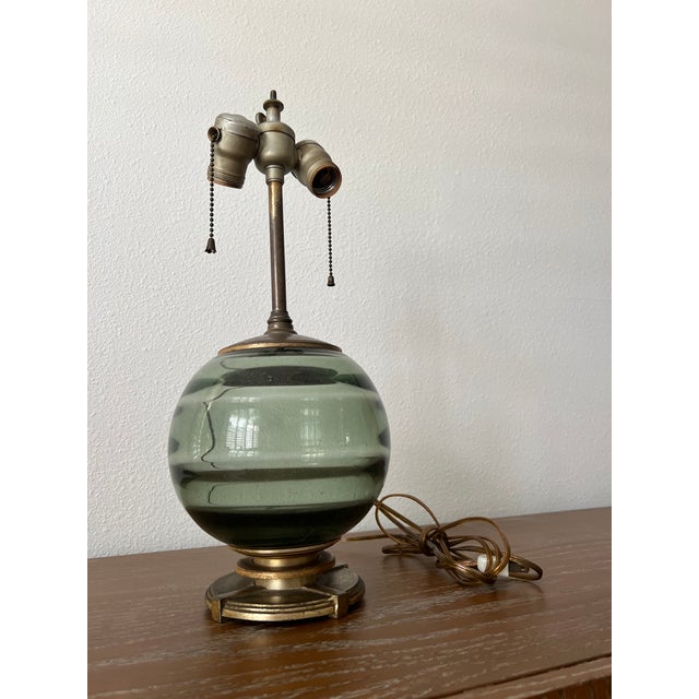 Mid-Century Modern Petite 1930s Art Deco Smoke Blue-Green-Grey Art Glass Table Lamp With Patinated Metal Base For Sale - Image 3 of 11