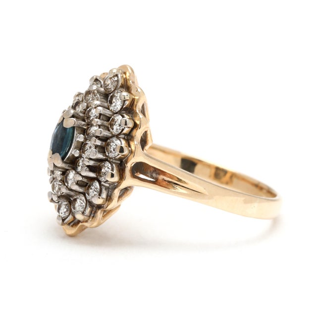 0.85ctw Sapphire and Diamond Navette Ring, 14k Yellow Gold, Ring Size 6.75 For Sale - Image 4 of 5