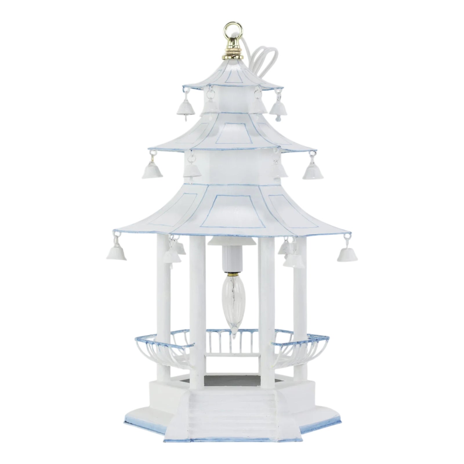 Vintage Chinese Blue and White Pagoda Chandelier With Railings, Steps ...