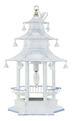 Vintage Chinese Blue and White Pagoda Chandelier With Railings, Steps, and Bell.