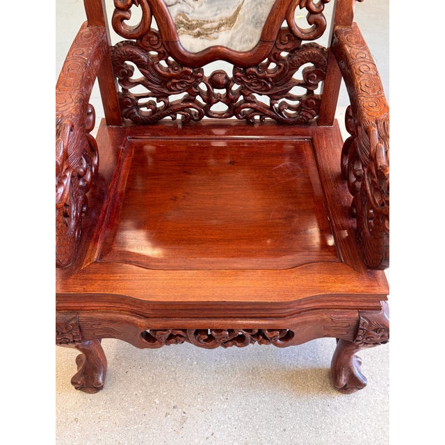 Antique Chinese Rosewood Dragon Armchair – Peranakan Style Carved Chair With Marble Insert, C. Late 19th or Early 20th Century For Sale - Image 14 of 16