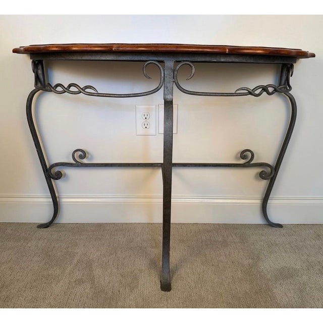 Spanish Revival Veneer Sunburst Demi-Lune and Wrought Iron Console Table Mediterranean / Spanish Revival style console...