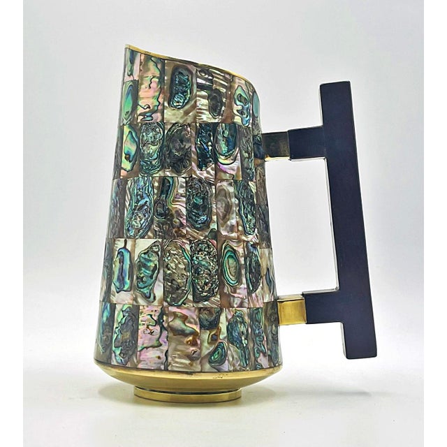 Mid 20th Century Mexican Abalone Mosaic Brass Barware Set, Pitcher & 6 Glasses For Sale - Image 12 of 18