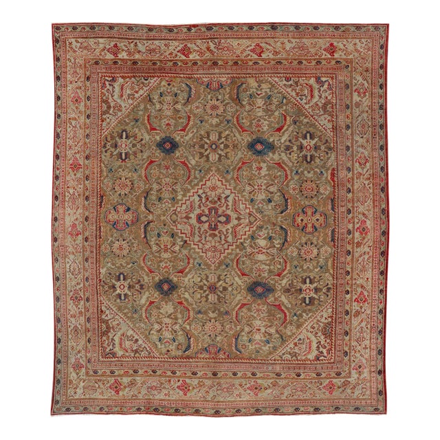 Antique Persian Sultanabad Mahal Carpet With Geometric Design in Green's and Red 10'8"x13'4" For Sale