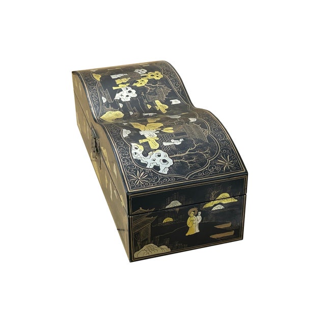 Wood Black Lacquer Chinoiserie-Style Gold Silver Scenery Graphic Rectangular Box For Sale - Image 7 of 15