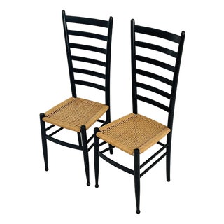 Mid 20 Th C Pair Italian Chiavari Paolo Bufa Style Chairs High Back Ladder Ebonized Rush For Sale