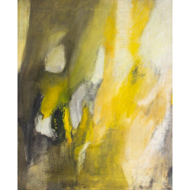 An oil paint and chalk pastel on canvas painting by the Japanese-American artist Reiko Sakagami Baum (1927-2021). Yellow...