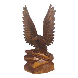 Vintage Carved Wood Eagle Bird Figurine, Man Cave Decor, Hawk Carving, Eagle Small Handmade Wooden Base Bird Sculpture For Sale